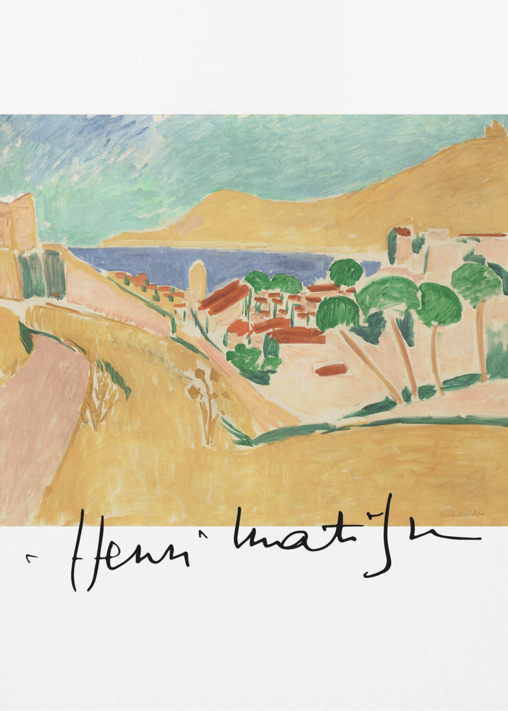 A framed art print of a Henri Matisse painting depicting a colorful coastal landscape in the Fauvist style. The scene features ochre hills, a blue sea, and a village with red-roofed houses and green trees, with the artist's signature at the bottom. Wall Art