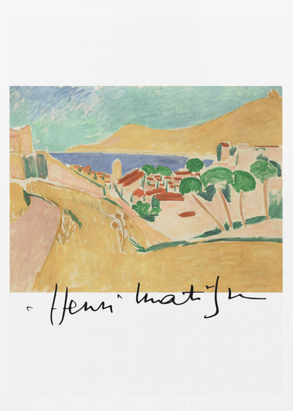 A framed art print of a Henri Matisse painting depicting a colorful coastal landscape in the Fauvist style. The scene features ochre hills, a blue sea, and a village with red-roofed houses and green trees, with the artist's signature at the bottom. Wall Art