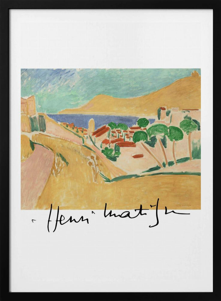 A framed art print of a Henri Matisse painting depicting a colorful coastal landscape in the Fauvist style. The scene features ochre hills, a blue sea, and a village with red-roofed houses and green trees, with the artist's signature at the bottom. Wall Art
