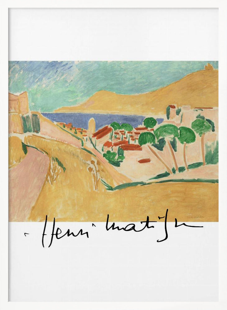 A framed art print of a Henri Matisse painting depicting a colorful coastal landscape in the Fauvist style. The scene features ochre hills, a blue sea, and a village with red-roofed houses and green trees, with the artist's signature at the bottom. Wall Art