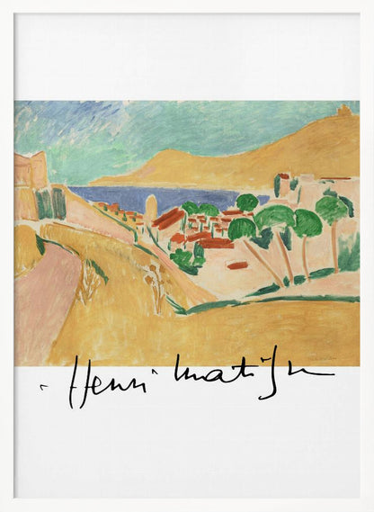 A framed art print of a Henri Matisse painting depicting a colorful coastal landscape in the Fauvist style. The scene features ochre hills, a blue sea, and a village with red-roofed houses and green trees, with the artist's signature at the bottom. Wall Art
