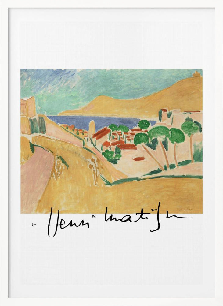 A framed art print of a Henri Matisse painting depicting a colorful coastal landscape in the Fauvist style. The scene features ochre hills, a blue sea, and a village with red-roofed houses and green trees, with the artist's signature at the bottom. Wall Art