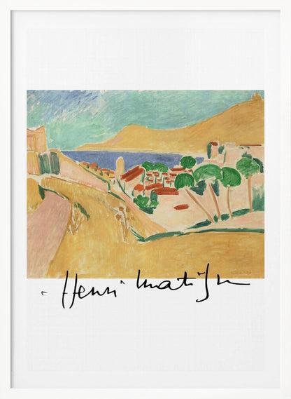A framed art print of a Henri Matisse painting depicting a colorful coastal landscape in the Fauvist style. The scene features ochre hills, a blue sea, and a village with red-roofed houses and green trees, with the artist's signature at the bottom. Wall Art