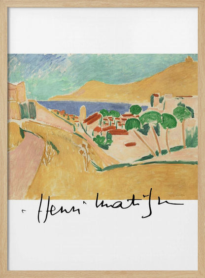A framed art print of a Henri Matisse painting depicting a colorful coastal landscape in the Fauvist style. The scene features ochre hills, a blue sea, and a village with red-roofed houses and green trees, with the artist's signature at the bottom. Wall Art