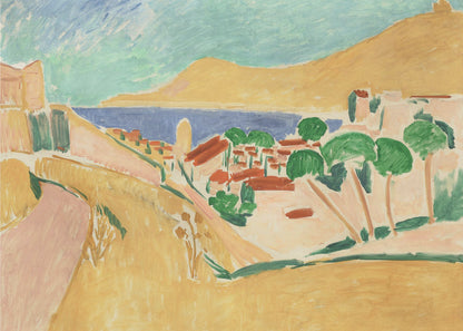 A Fauvist-style painting of a sunny coastal town, enclosed in a silver frame. The scene features warm yellow and pink hills, a village with red-roofed buildings and vibrant green trees, set against a deep blue sea and a large golden hill under a light blue sky. Print