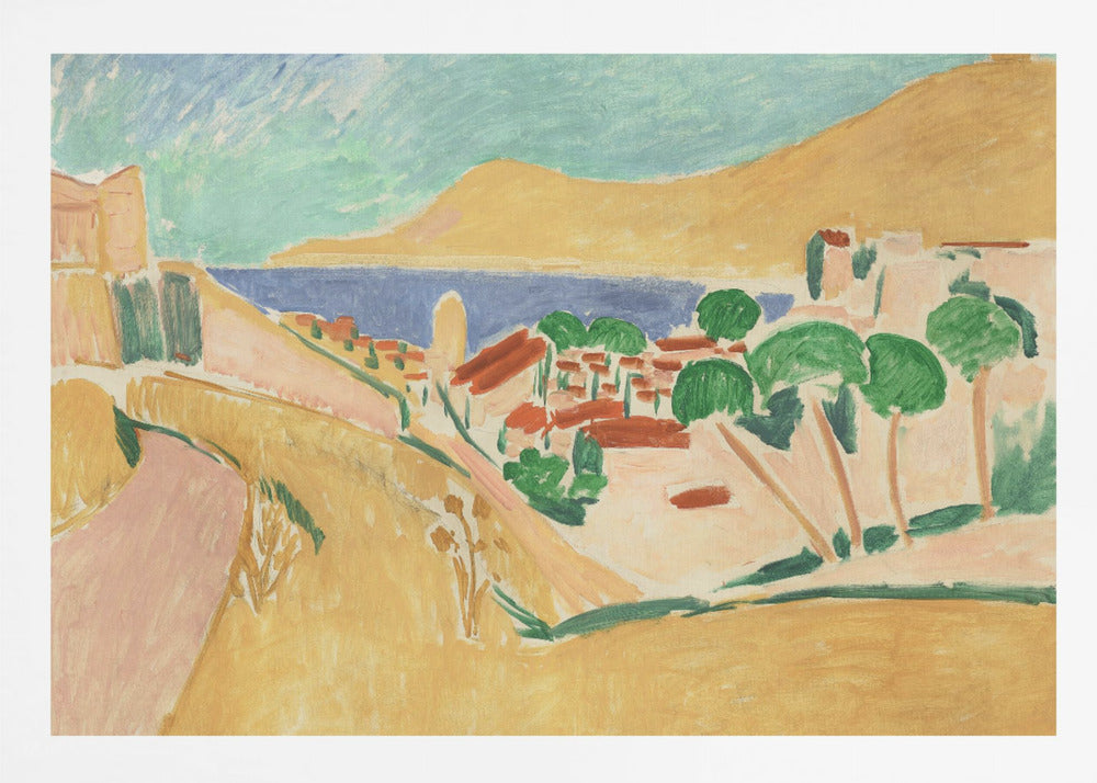 A Fauvist-style painting of a sunny coastal town, enclosed in a silver frame. The scene features warm yellow and pink hills, a village with red-roofed buildings and vibrant green trees, set against a deep blue sea and a large golden hill under a light blue sky. Print