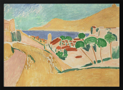 A Fauvist-style painting of a sunny coastal town, enclosed in a silver frame. The scene features warm yellow and pink hills, a village with red-roofed buildings and vibrant green trees, set against a deep blue sea and a large golden hill under a light blue sky. Print