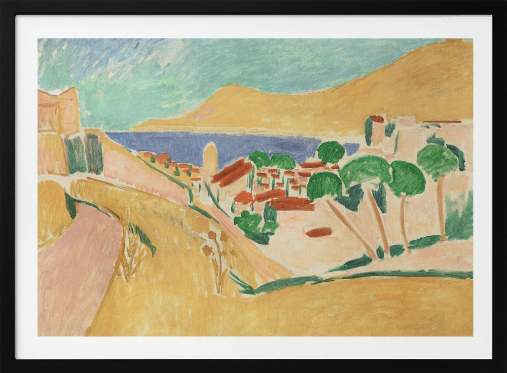 A Fauvist-style painting of a sunny coastal town, enclosed in a silver frame. The scene features warm yellow and pink hills, a village with red-roofed buildings and vibrant green trees, set against a deep blue sea and a large golden hill under a light blue sky. Print