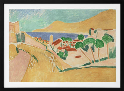 A Fauvist-style painting of a sunny coastal town, enclosed in a silver frame. The scene features warm yellow and pink hills, a village with red-roofed buildings and vibrant green trees, set against a deep blue sea and a large golden hill under a light blue sky. Print