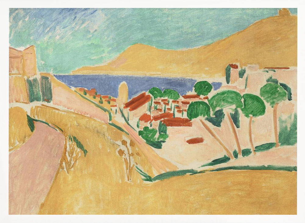 A Fauvist-style painting of a sunny coastal town, enclosed in a silver frame. The scene features warm yellow and pink hills, a village with red-roofed buildings and vibrant green trees, set against a deep blue sea and a large golden hill under a light blue sky. Print