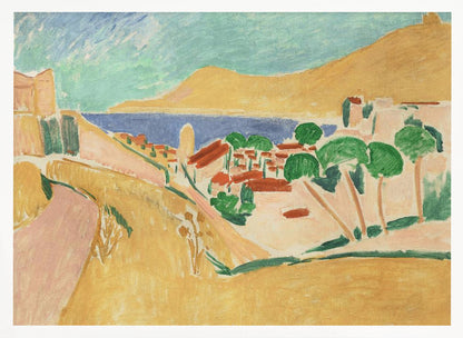 A Fauvist-style painting of a sunny coastal town, enclosed in a silver frame. The scene features warm yellow and pink hills, a village with red-roofed buildings and vibrant green trees, set against a deep blue sea and a large golden hill under a light blue sky. Print