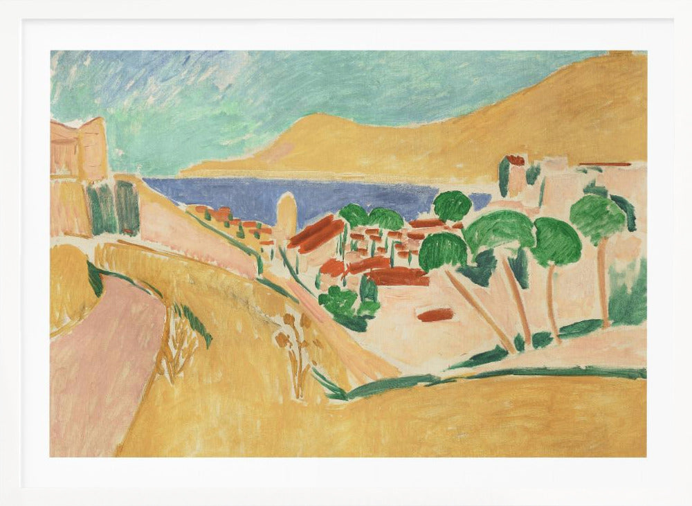 A Fauvist-style painting of a sunny coastal town, enclosed in a silver frame. The scene features warm yellow and pink hills, a village with red-roofed buildings and vibrant green trees, set against a deep blue sea and a large golden hill under a light blue sky. Print