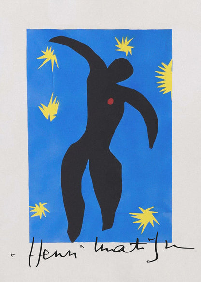 Henri Matisse's 'Icarus,' a framed print featuring a black paper cutout silhouette of a falling figure with a red heart, set against a deep blue background with yellow starbursts. The artist's signature is visible at the bottom. Poster
