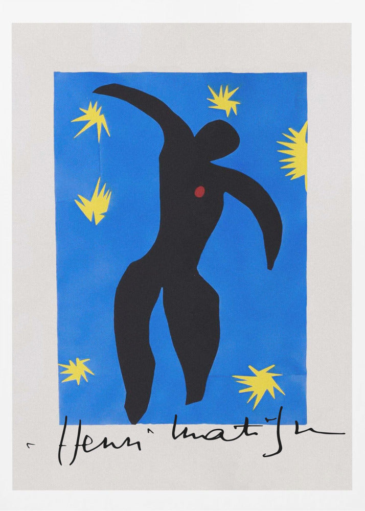 Henri Matisse's 'Icarus,' a framed print featuring a black paper cutout silhouette of a falling figure with a red heart, set against a deep blue background with yellow starbursts. The artist's signature is visible at the bottom. Poster