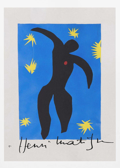 Henri Matisse's 'Icarus,' a framed print featuring a black paper cutout silhouette of a falling figure with a red heart, set against a deep blue background with yellow starbursts. The artist's signature is visible at the bottom. Poster