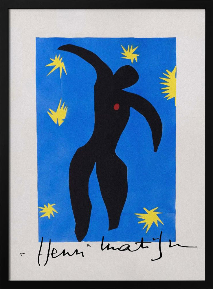 Henri Matisse's 'Icarus,' a framed print featuring a black paper cutout silhouette of a falling figure with a red heart, set against a deep blue background with yellow starbursts. The artist's signature is visible at the bottom. Poster
