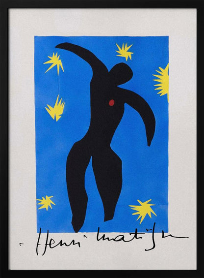 Henri Matisse's 'Icarus,' a framed print featuring a black paper cutout silhouette of a falling figure with a red heart, set against a deep blue background with yellow starbursts. The artist's signature is visible at the bottom. Poster