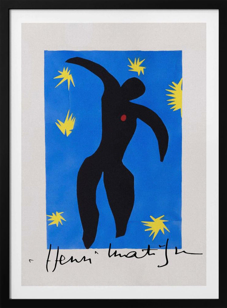 Henri Matisse's 'Icarus,' a framed print featuring a black paper cutout silhouette of a falling figure with a red heart, set against a deep blue background with yellow starbursts. The artist's signature is visible at the bottom. Poster