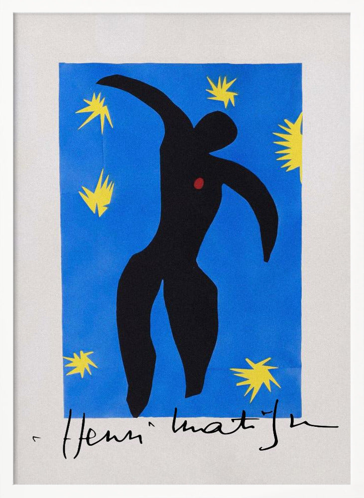 Henri Matisse's 'Icarus,' a framed print featuring a black paper cutout silhouette of a falling figure with a red heart, set against a deep blue background with yellow starbursts. The artist's signature is visible at the bottom. Poster