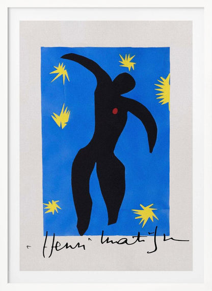 Henri Matisse's 'Icarus,' a framed print featuring a black paper cutout silhouette of a falling figure with a red heart, set against a deep blue background with yellow starbursts. The artist's signature is visible at the bottom. Poster