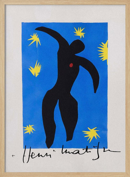 Henri Matisse's 'Icarus,' a framed print featuring a black paper cutout silhouette of a falling figure with a red heart, set against a deep blue background with yellow starbursts. The artist's signature is visible at the bottom. Poster