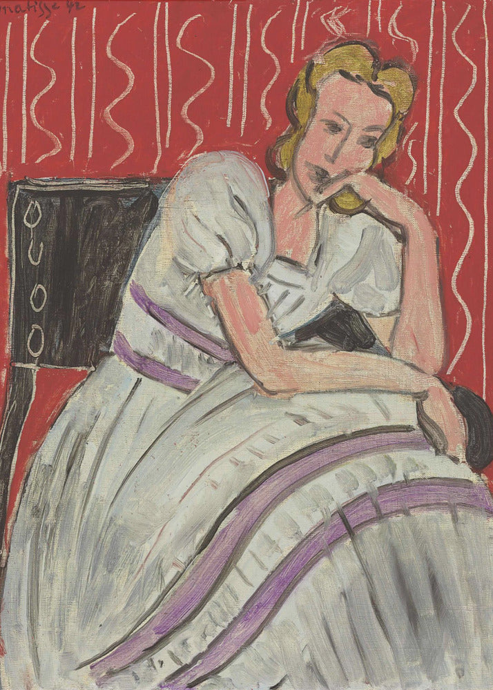 A Fauvist style painting by Henri Matisse from 1942. It features a pensive blonde woman in a white dress with purple stripes, sitting in a black chair against a vibrant red patterned background. She rests her head on her hand, looking thoughtful. Artwork