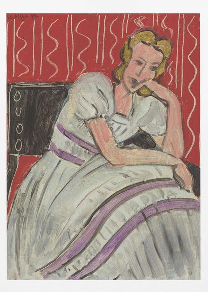 A Fauvist style painting by Henri Matisse from 1942. It features a pensive blonde woman in a white dress with purple stripes, sitting in a black chair against a vibrant red patterned background. She rests her head on her hand, looking thoughtful. Artwork