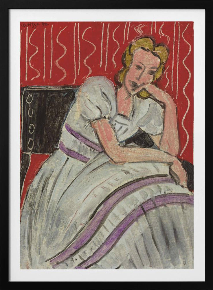 A Fauvist style painting by Henri Matisse from 1942. It features a pensive blonde woman in a white dress with purple stripes, sitting in a black chair against a vibrant red patterned background. She rests her head on her hand, looking thoughtful. Artwork