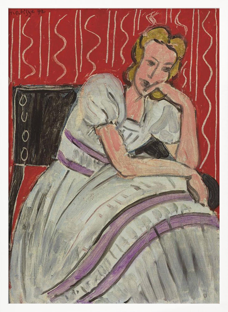 A Fauvist style painting by Henri Matisse from 1942. It features a pensive blonde woman in a white dress with purple stripes, sitting in a black chair against a vibrant red patterned background. She rests her head on her hand, looking thoughtful. Artwork
