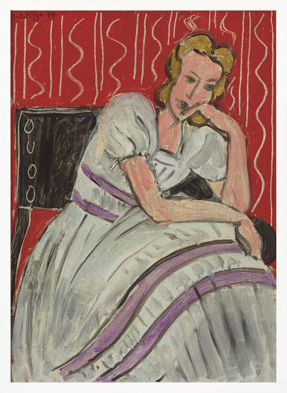 A Fauvist style painting by Henri Matisse from 1942. It features a pensive blonde woman in a white dress with purple stripes, sitting in a black chair against a vibrant red patterned background. She rests her head on her hand, looking thoughtful. Artwork