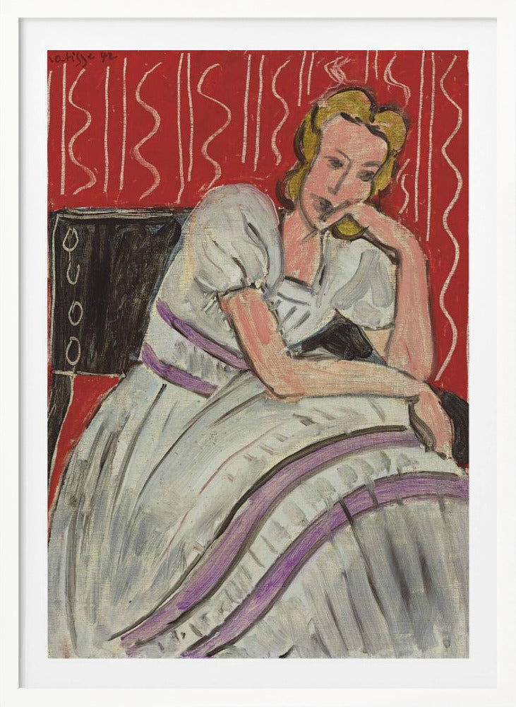 A Fauvist style painting by Henri Matisse from 1942. It features a pensive blonde woman in a white dress with purple stripes, sitting in a black chair against a vibrant red patterned background. She rests her head on her hand, looking thoughtful. Artwork