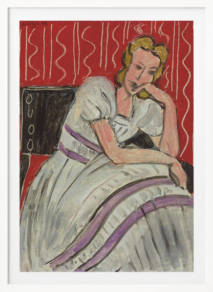 A Fauvist style painting by Henri Matisse from 1942. It features a pensive blonde woman in a white dress with purple stripes, sitting in a black chair against a vibrant red patterned background. She rests her head on her hand, looking thoughtful. Artwork