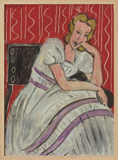 A Fauvist style painting by Henri Matisse from 1942. It features a pensive blonde woman in a white dress with purple stripes, sitting in a black chair against a vibrant red patterned background. She rests her head on her hand, looking thoughtful. Artwork