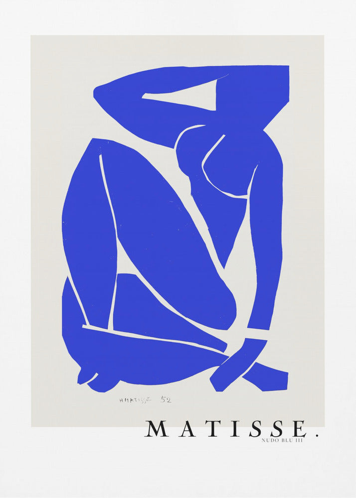 A framed art print of Henri Matisse's 'Blue Nude III', featuring a vibrant blue paper cut-out of a seated nude woman against an off-white background. Poster