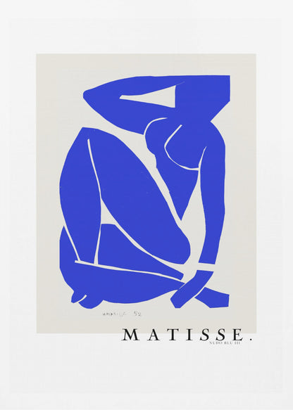 A framed art print of Henri Matisse's 'Blue Nude III', featuring a vibrant blue paper cut-out of a seated nude woman against an off-white background. Poster