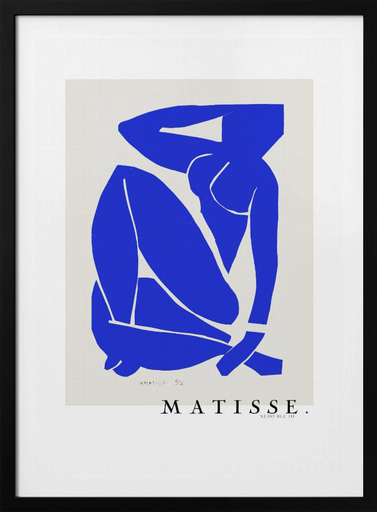 A framed art print of Henri Matisse's 'Blue Nude III', featuring a vibrant blue paper cut-out of a seated nude woman against an off-white background. Poster