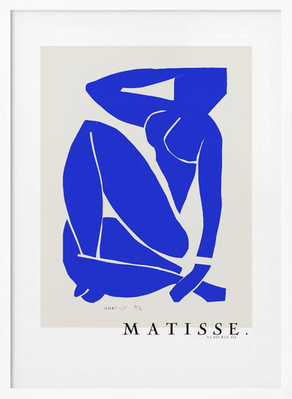 A framed art print of Henri Matisse's 'Blue Nude III', featuring a vibrant blue paper cut-out of a seated nude woman against an off-white background. Poster