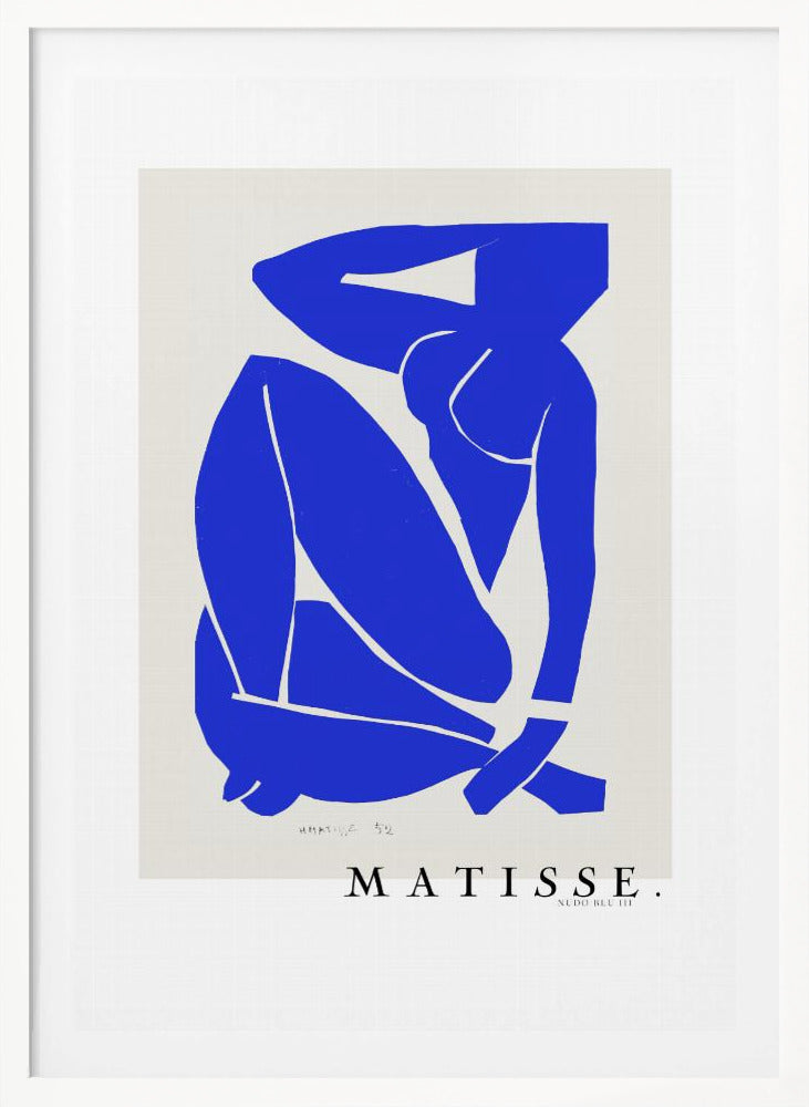 A framed art print of Henri Matisse's 'Blue Nude III', featuring a vibrant blue paper cut-out of a seated nude woman against an off-white background. Poster