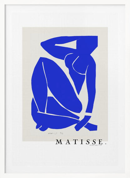 A framed art print of Henri Matisse's 'Blue Nude III', featuring a vibrant blue paper cut-out of a seated nude woman against an off-white background. Poster