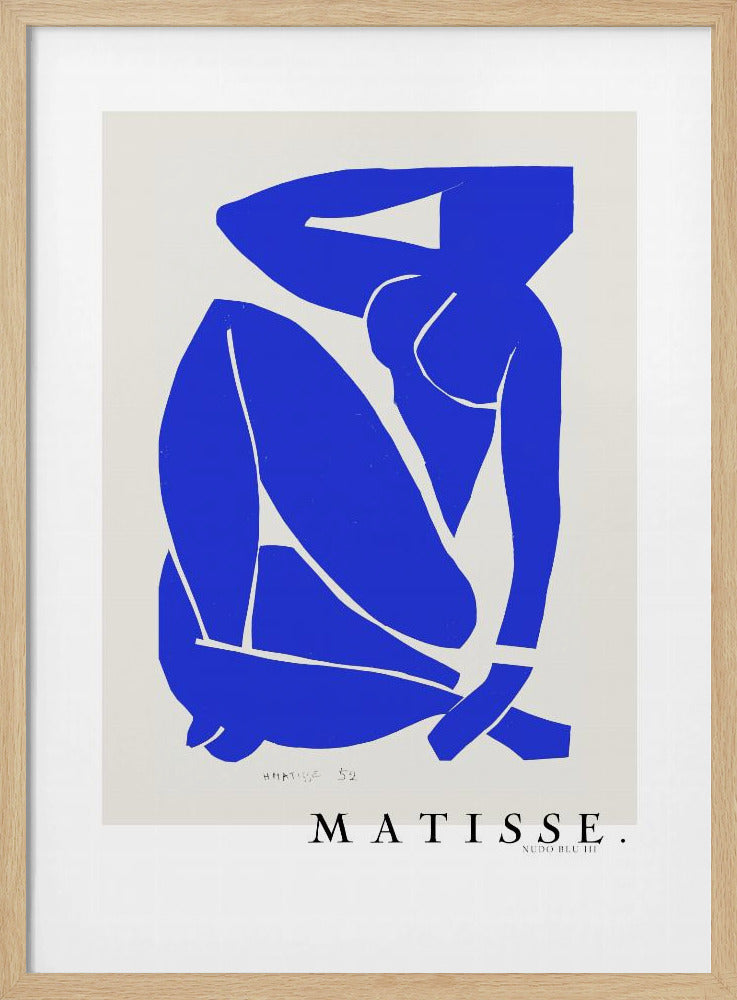 A framed art print of Henri Matisse's 'Blue Nude III', featuring a vibrant blue paper cut-out of a seated nude woman against an off-white background. Poster