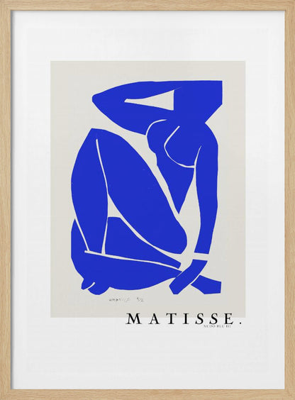 A framed art print of Henri Matisse's 'Blue Nude III', featuring a vibrant blue paper cut-out of a seated nude woman against an off-white background. Poster