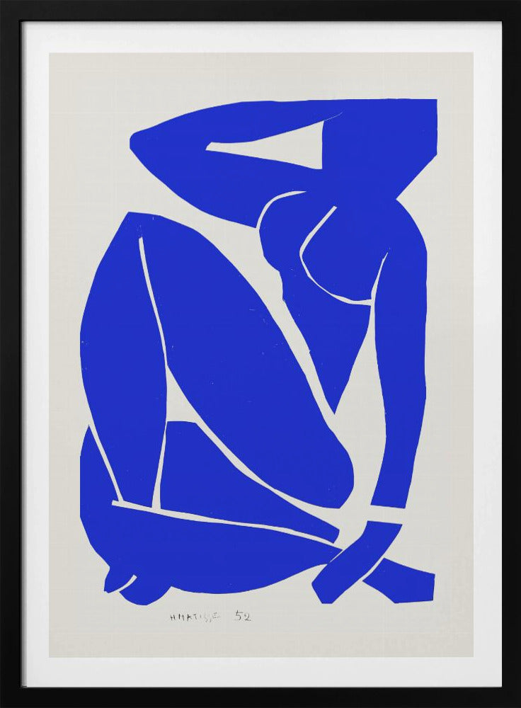 A framed print of Henri Matisse's 'Blue Nude II', featuring a bold, royal blue paper cutout of a seated female nude against an off-white background. The figure is stylized and abstract, with limbs folded and one arm behind her head. Print