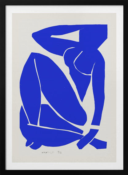 A framed print of Henri Matisse's 'Blue Nude II', featuring a bold, royal blue paper cutout of a seated female nude against an off-white background. The figure is stylized and abstract, with limbs folded and one arm behind her head. Print