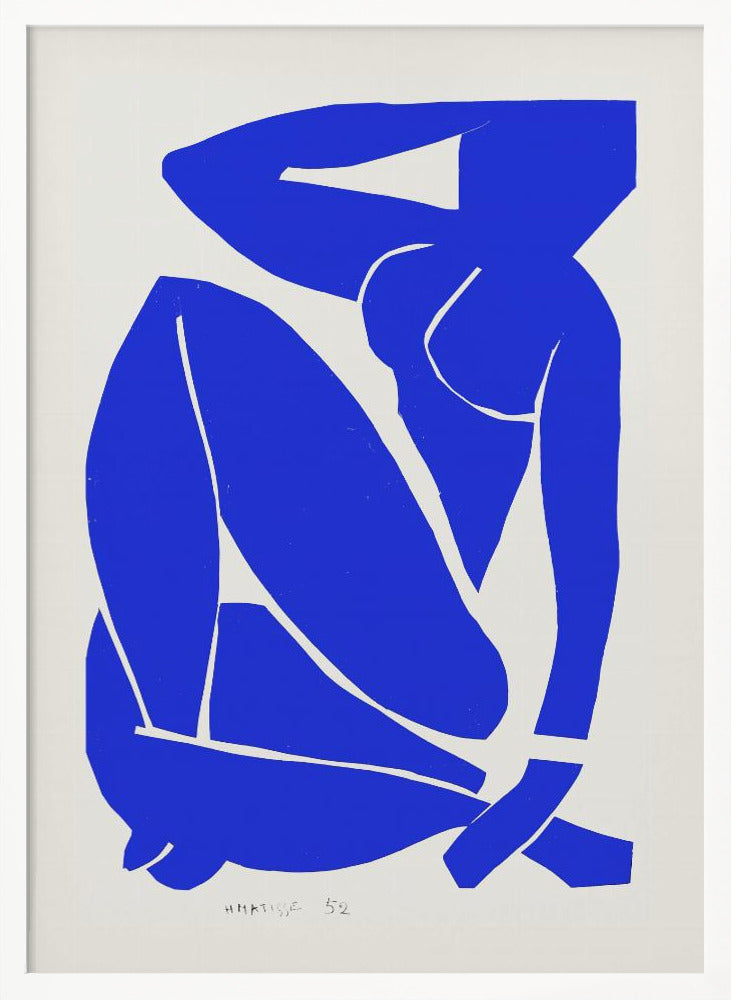 A framed print of Henri Matisse's 'Blue Nude II', featuring a bold, royal blue paper cutout of a seated female nude against an off-white background. The figure is stylized and abstract, with limbs folded and one arm behind her head. Print