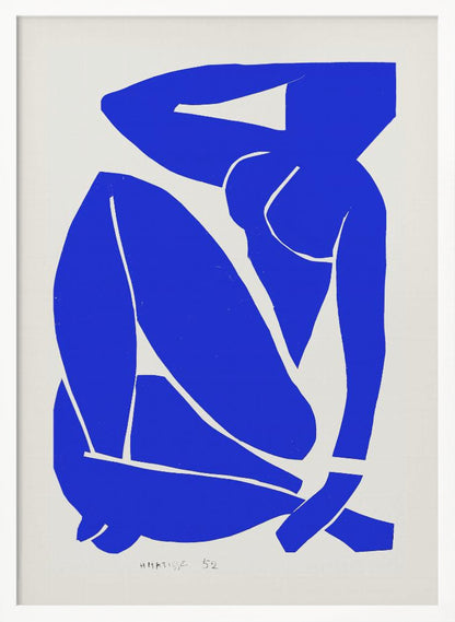 A framed print of Henri Matisse's 'Blue Nude II', featuring a bold, royal blue paper cutout of a seated female nude against an off-white background. The figure is stylized and abstract, with limbs folded and one arm behind her head. Print