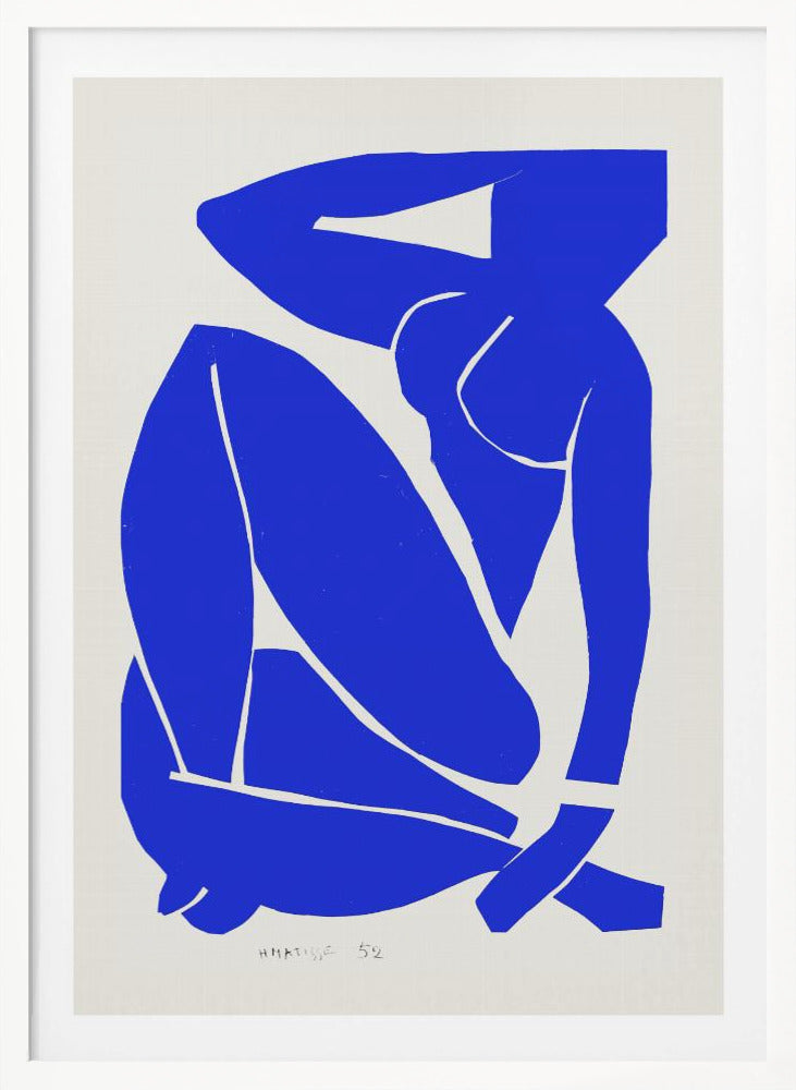 A framed print of Henri Matisse's 'Blue Nude II', featuring a bold, royal blue paper cutout of a seated female nude against an off-white background. The figure is stylized and abstract, with limbs folded and one arm behind her head. Print