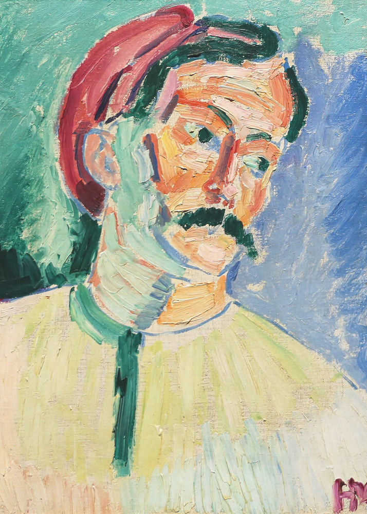 An expressionist portrait painting of a man with a thick black mustache wearing a red cap. His face is painted with a vibrant palette of orange, yellow, and pink, with green and blue used for shadows. The background is a mix of turquoise and deep blue, and the entire piece features heavy, visible brushstrokes. Artwork