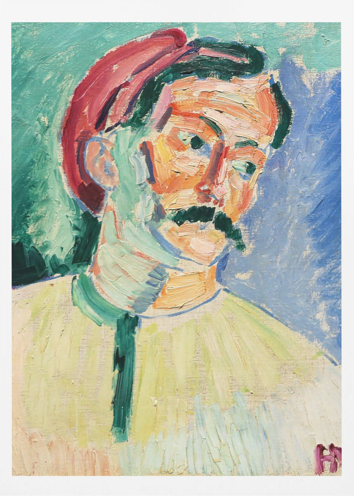 An expressionist portrait painting of a man with a thick black mustache wearing a red cap. His face is painted with a vibrant palette of orange, yellow, and pink, with green and blue used for shadows. The background is a mix of turquoise and deep blue, and the entire piece features heavy, visible brushstrokes. Artwork