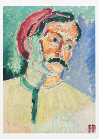 An expressionist portrait painting of a man with a thick black mustache wearing a red cap. His face is painted with a vibrant palette of orange, yellow, and pink, with green and blue used for shadows. The background is a mix of turquoise and deep blue, and the entire piece features heavy, visible brushstrokes. Artwork