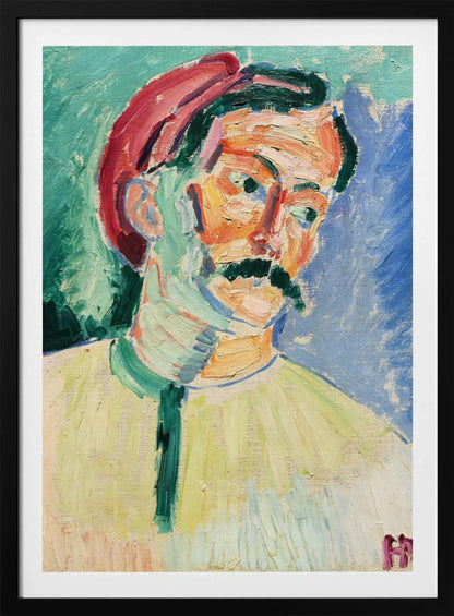 An expressionist portrait painting of a man with a thick black mustache wearing a red cap. His face is painted with a vibrant palette of orange, yellow, and pink, with green and blue used for shadows. The background is a mix of turquoise and deep blue, and the entire piece features heavy, visible brushstrokes. Artwork